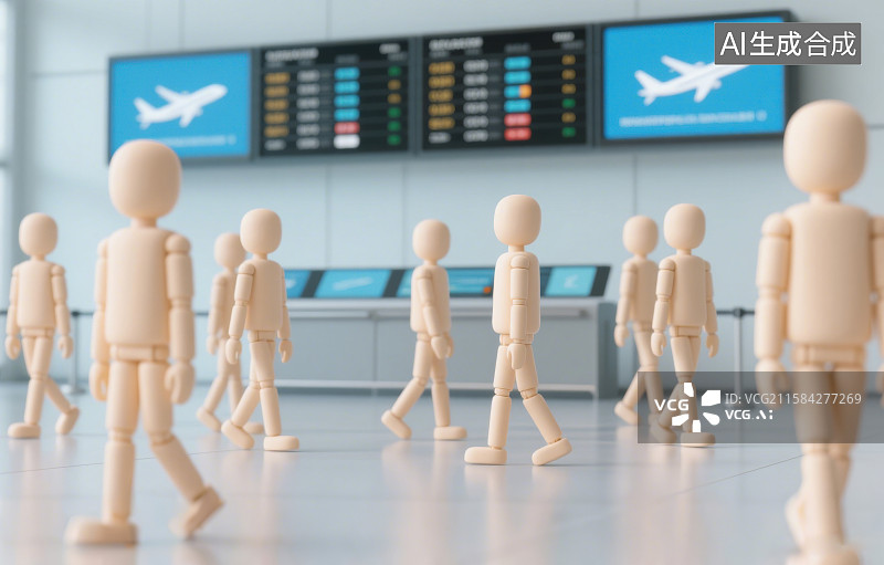 【AI数字艺术】3D三维卡通在等着办理登机手续走来走去的木制人体模型图片素材