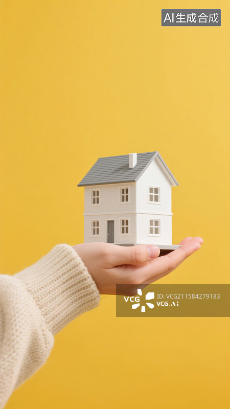 【AI数字艺术】房地产经纪人手捧房子模型房地产销售概念图片素材