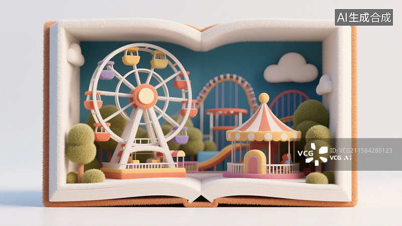 【AI数字艺术】奇幻3D毛毡插画现代游乐园与摩天轮从打开的书中浮现创意抽象商业背景儿童节娱乐讲故事商业图片素材