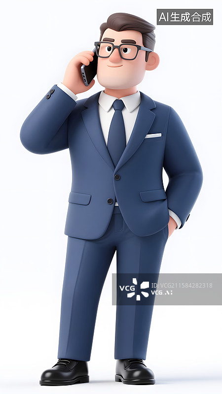 【AI数字艺术】AIGC：3D人物戴眼镜穿着西装套装的商务人士在打电话图片素材