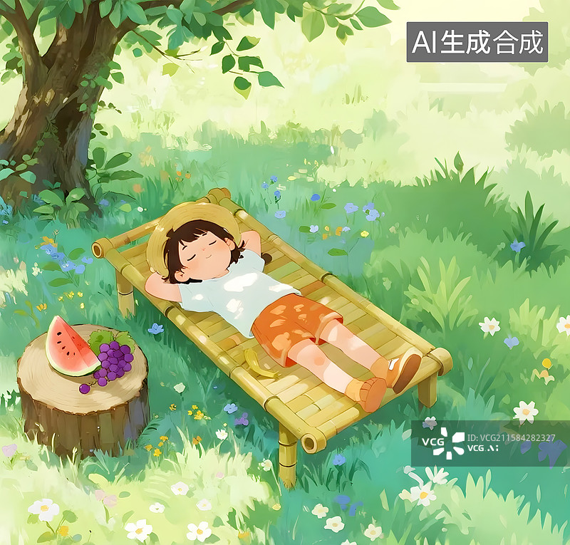 【AI数字艺术】AIGC：大树下纳凉小息的女孩 夏天节气肌理插画插图背景图片素材