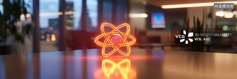 【AI数字艺术】量子计算实验室中发光霓虹原子符号新质生产力和科技的抽象商业背景空桌上的发光原子图标模糊的办公室内部图片素材