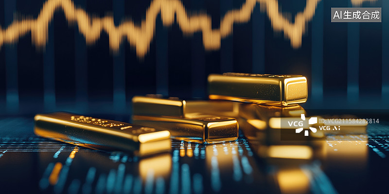 【AI数字艺术】黄金市场动态金条和股市图表的抽象商业背景深蓝色背景金融科技促销中的现货价格上涨图片素材