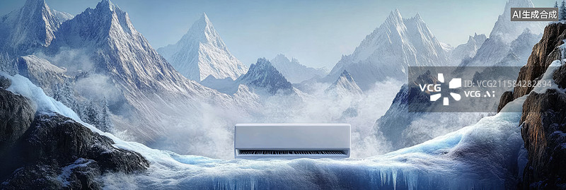 【AI数字艺术】超现实气候对比白色空调漂浮于雪山之中极端天气条件的抽象商业背景节气炎热夏天空调广告冰冷雾气营销活动图片素材