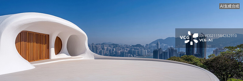【AI数字艺术】创新弧形白色建筑俯瞰城市天际线山顶旅游汽车广告平台背景木门和宽敞户外区域建筑理念和城市发展主题图片素材