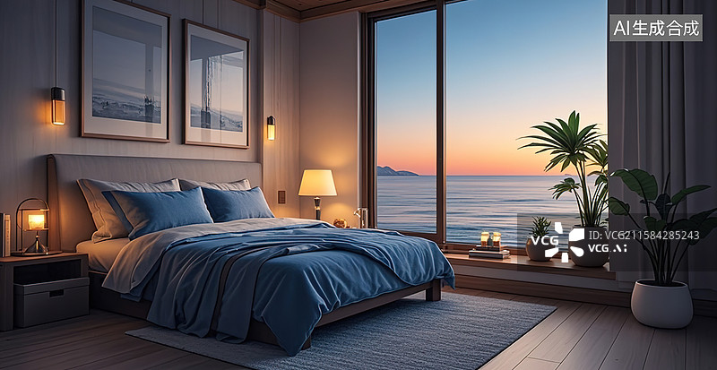 【AI数字艺术】夕阳下的海边度假酒店图片素材