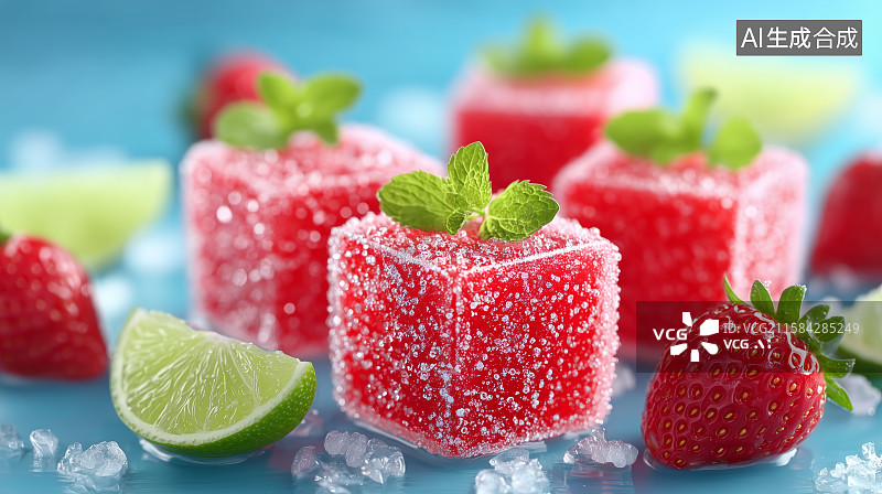 【AI数字艺术】草莓冰块与薄荷装饰图片素材