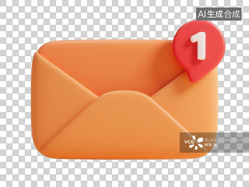 【AI数字艺术】3D渲染免抠图形元素卡通邮件信封图标带有一条未读消息提醒图片素材