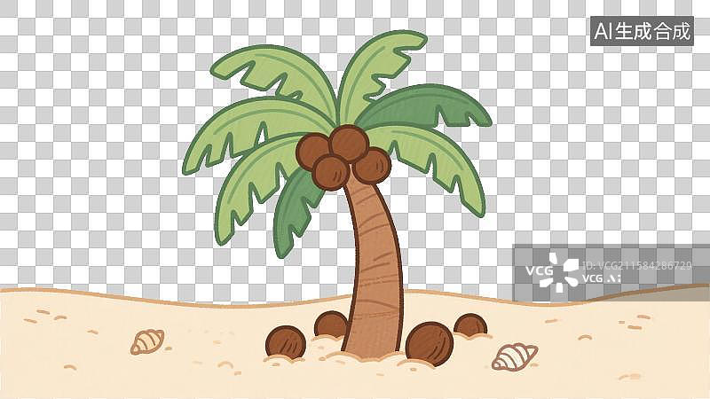 【AI数字艺术】3D渲染免抠图形元素卡通海滩沙滩和椰子树图片素材