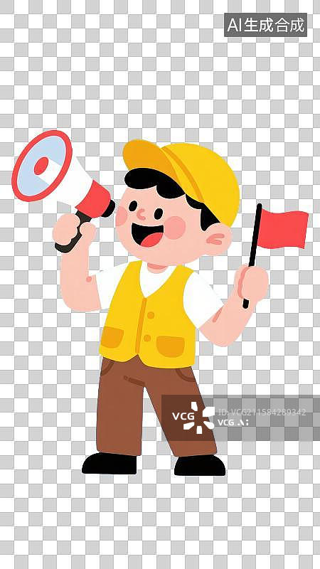 【AI数字艺术】3D渲染免抠图形元素戴着黄色帽子穿着黄色马甲背心手举着扩音器另一只手举着小红旗的卡通人物导游形象图片素材