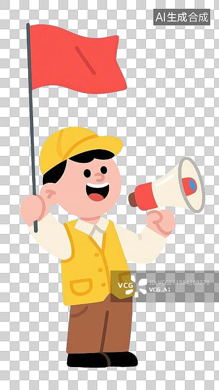 【AI数字艺术】3D渲染免抠图形元素戴着黄色帽子穿着黄色马甲背心手举着扩音器另一只手举着小红旗的卡通人物导游形象图片素材