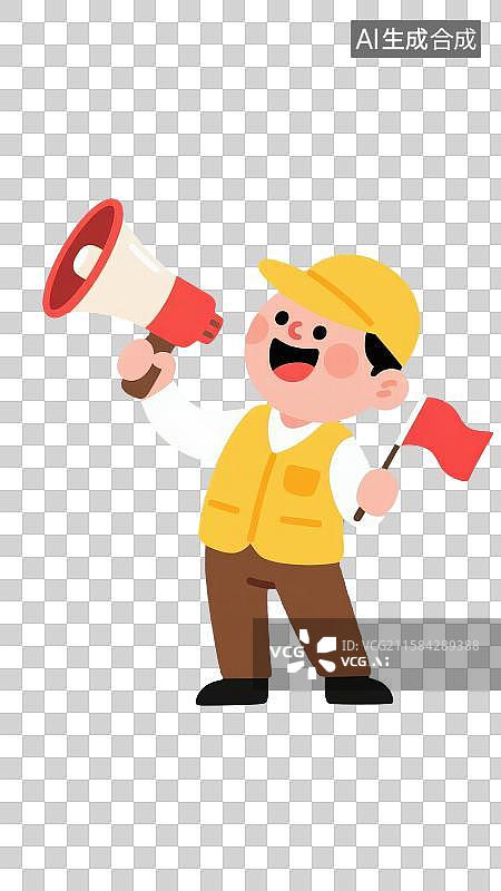 【AI数字艺术】3D渲染免抠图形元素戴着黄色帽子穿着黄色马甲背心手举着扩音器另一只手举着小红旗的卡通人物导游形象图片素材