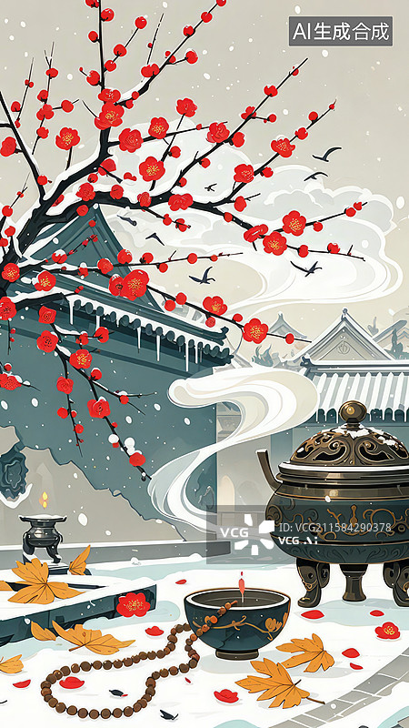 【AI数字艺术】冬日古寺，红梅香炉图片素材
