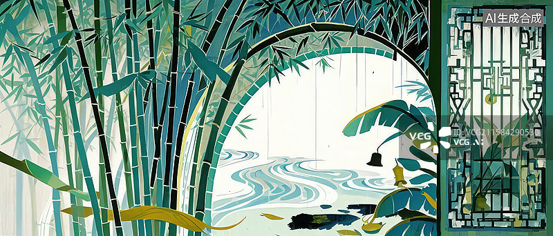 【AI数字艺术】竹林拱门下的宁静溪流图片素材