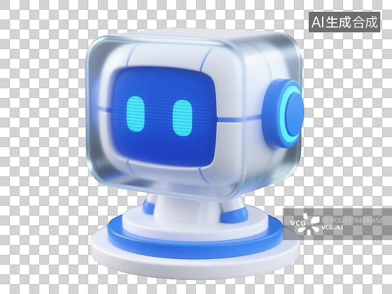 【AI数字艺术】3D渲染免抠图形元素透明立方体外壳构成的蓝色机器人头部图片素材