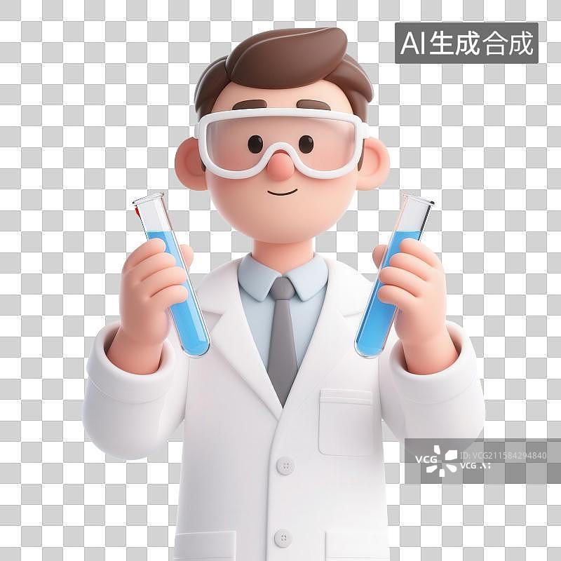 【AI数字艺术】3D渲染免抠图形元素戴着护目镜的卡通男性医生手拿着试管进行实验图片素材