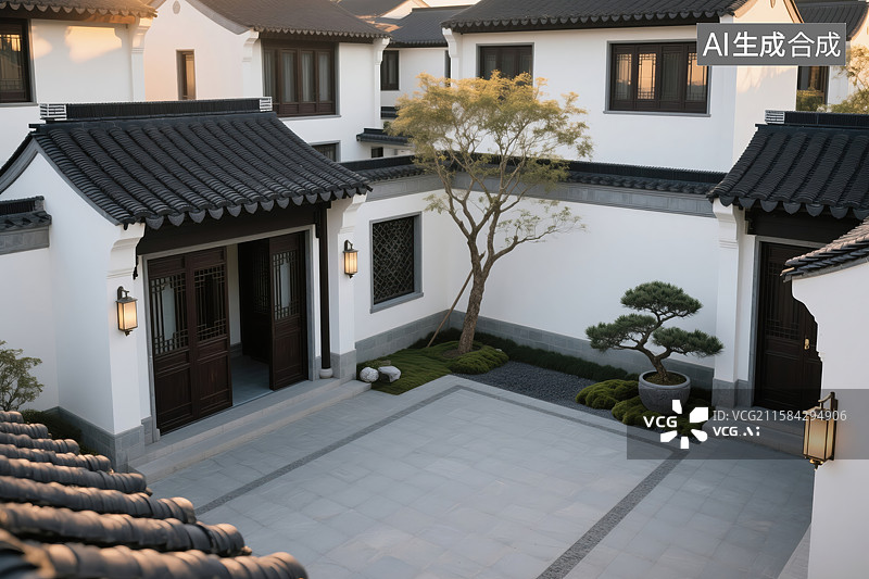 【AI数字艺术】传统中式庭院，白墙黑瓦与绿植相映图片素材