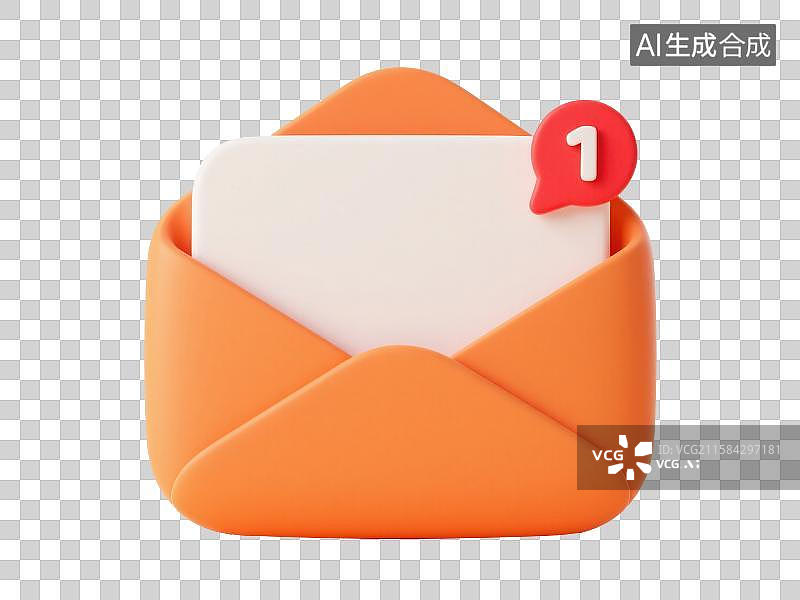 【AI数字艺术】3D渲染免抠图形元素3D渲染免抠图形元素打开的卡通邮件信封图标右上角带有一条未读消息提醒图片素材