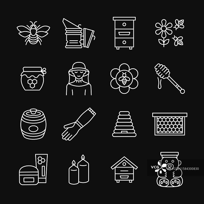黑色背景上的白色养蜂图标线条集图片素材