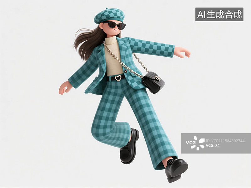 【AI数字艺术】飞跨姿势3D早秋蓝绿格纹穿搭少女图片素材