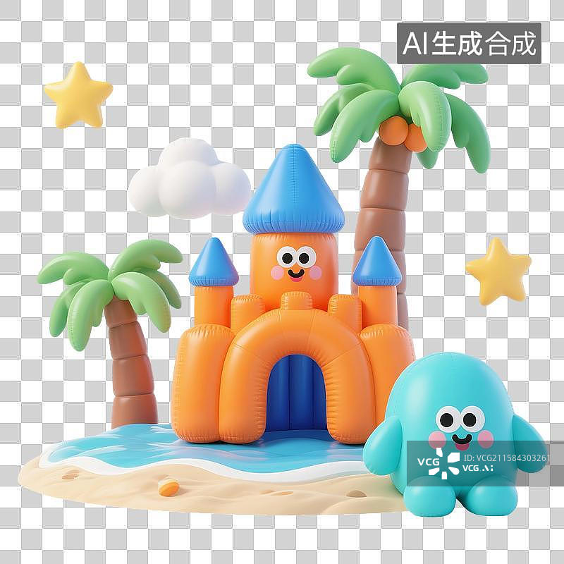 【AI数字艺术】3D渲染，膨胀充气风格，气球，充气玩具，海滩上的充气城堡，夏天，旅游，度假，免抠元素图片素材