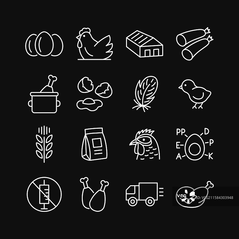 黑色背景上的白色家禽农场图标集图片素材