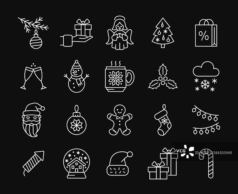 黑色背景上的白色图标集：圣诞快乐线条图标图片素材