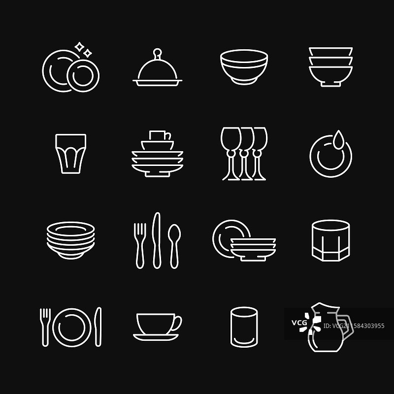 黑色背景上的白色餐具图标线条集图片素材