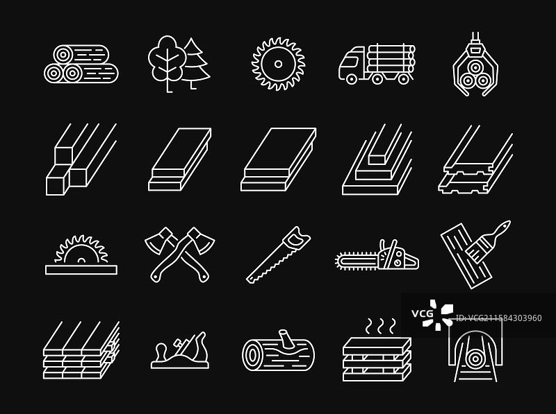 黑色背景上的木材线条白色图标集图片素材