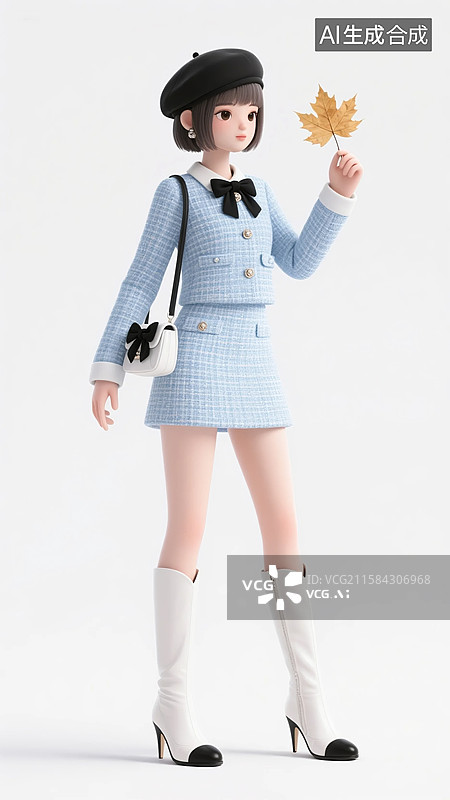 【AI数字艺术】拿梧桐叶的3D早秋蓝色小香风穿搭少女图片素材