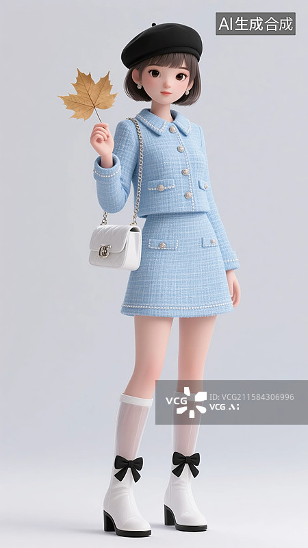 【AI数字艺术】拿梧桐叶的3D早秋蓝色小香风穿搭少女图片素材