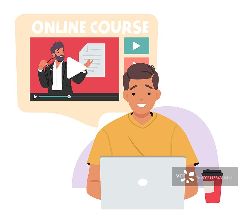 年轻男学生卡通角色享受电子设备图片素材