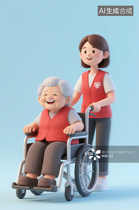 【AI数字艺术】3D三维立体C4D青年人社区关怀爱心照顾老年人推轮椅散步图片素材