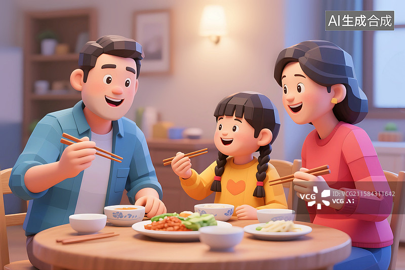 【AI数字艺术】3D三维立体C4D父母孩子全家福一家人家庭吃饭晚餐中秋春节年夜饭幸福快乐图片素材