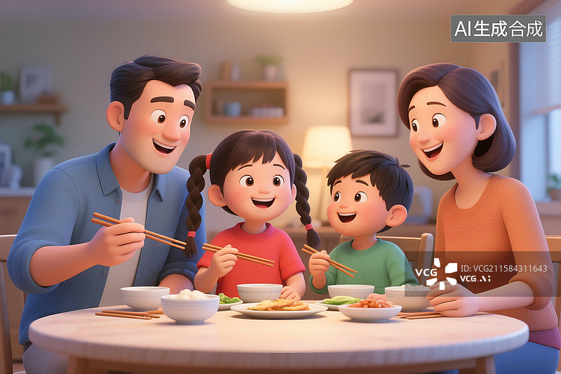 【AI数字艺术】3D三维立体C4D父母孩子全家福一家人家庭吃饭晚餐中秋春节年夜饭幸福快乐图片素材
