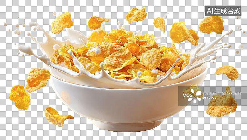 【AI数字艺术】牛奶中飞溅的酥脆圆形麦片圈图片素材