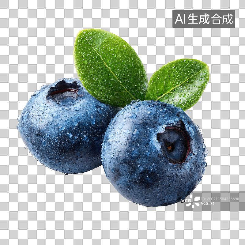 【AI数字艺术】新鲜饱满蓝莓带绿叶与水珠特写图片素材
