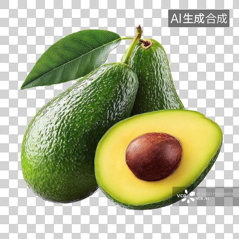 【AI数字艺术】带叶新鲜牛油果及切开展示果核图片素材