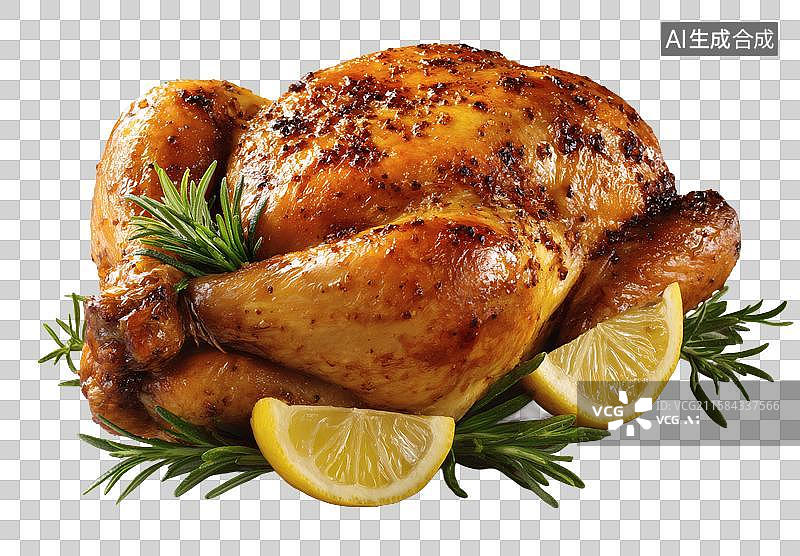 【AI数字艺术】金黄诱人的烤全鸡配柠檬与迷迭香图片素材
