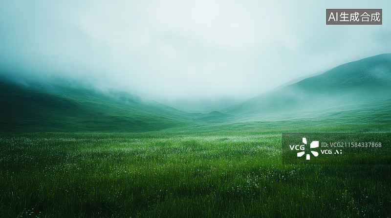 【AI数字艺术】雾霭笼罩的绿色山谷图片素材