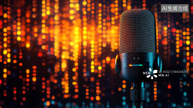 【AI数字艺术】麦克风前的炫彩光点背景图片素材