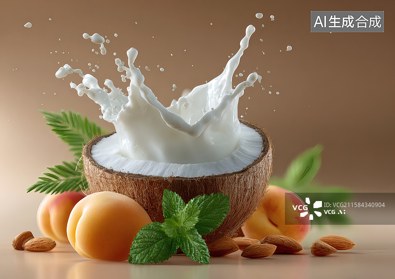 【AI数字艺术】飞溅的椰子汁和桃子图片素材