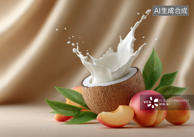 【AI数字艺术】飞溅的椰子汁和桃子图片素材