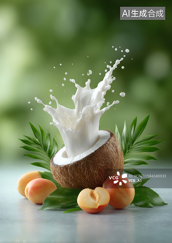 【AI数字艺术】飞溅的椰子汁和桃子图片素材