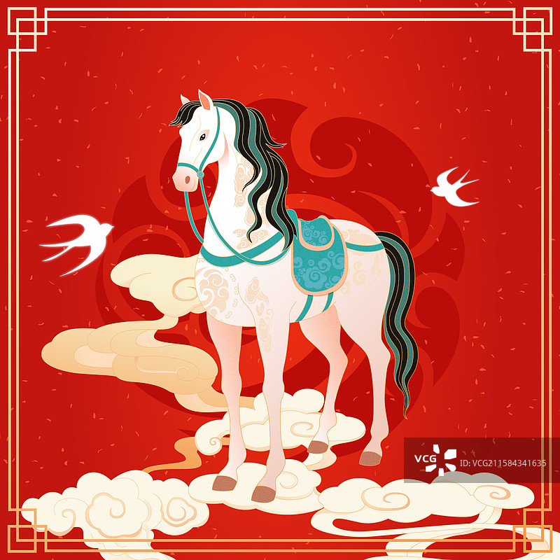 国风2026马年十二生肖骏马奔腾矢量插画图片素材