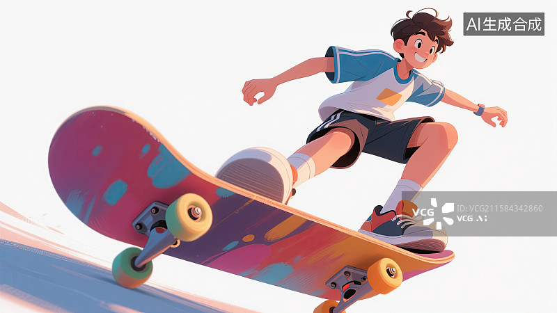 【AI数字艺术】男孩，滑板，运动，书包，白色背景图片素材