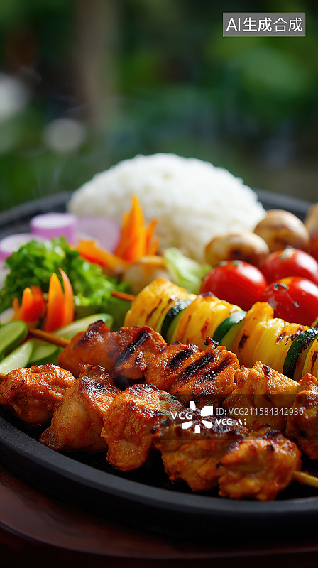 【AI数字艺术】烤肉拼盘配蔬菜和米饭图片素材
