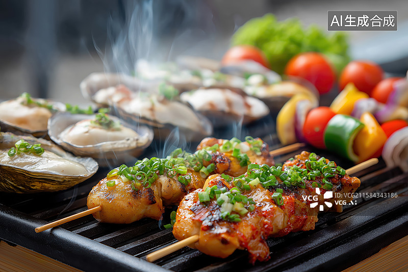 【AI数字艺术】烤串与海鲜在烧烤架上冒着热气图片素材