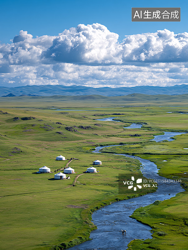 【AI数字艺术】草原牧场与河流的交响图片素材