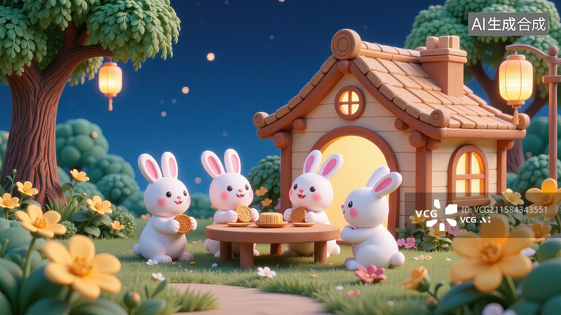 【AI数字艺术】月夜花园中可爱兔子与温馨小屋图片素材